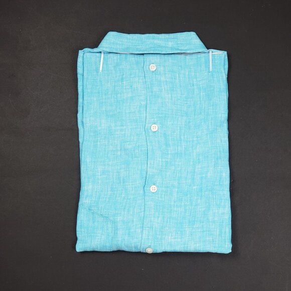 UNTUCKit Blush-Aqua Button-Up Shirt Women Size 12 Aqua Blue Linen LS Regular Fit - Picture 15 of 15